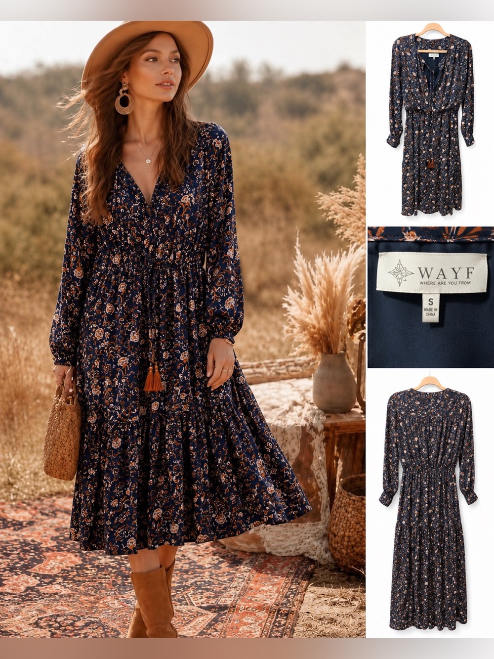 WAYF Navy Floral Long Sleeve Midi Dress Tassel Tie Boho Size Small